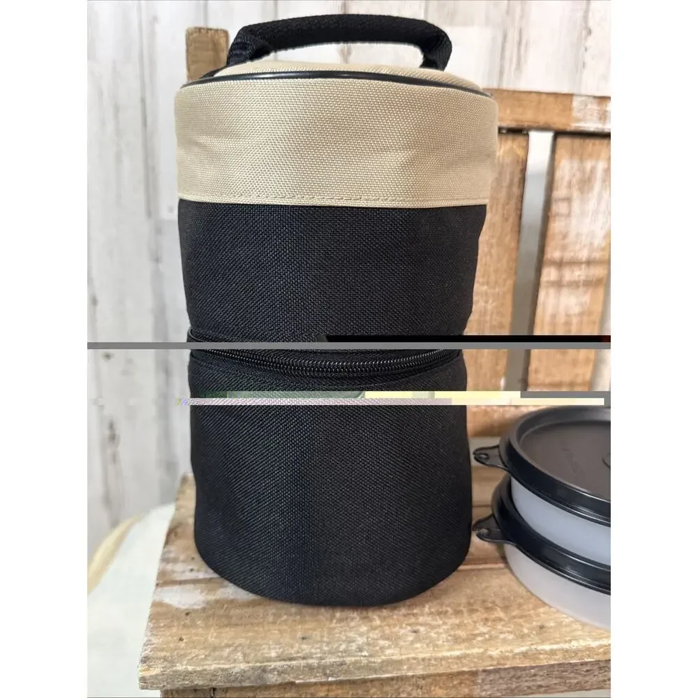 Vintage New Tupperware Black And Tan Insulated Zip Lunch Set With Bonus Items